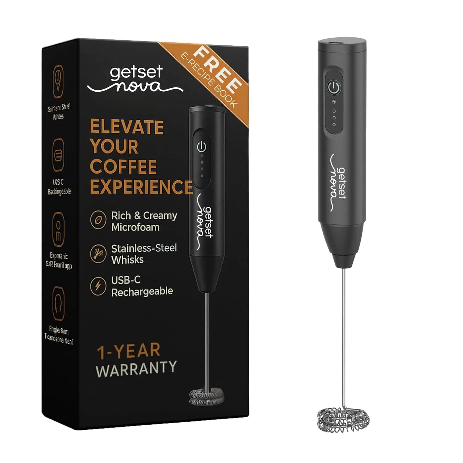 Nova Milk Frother Rechargable Coffee Frother Milk & Beater for Cold Latte 2In1 Handheld Battery-Powered Blender and Egg Whisker | 1 Year Warranty Free Frothy Recipe E-Book (Whisker), Black – image 1
