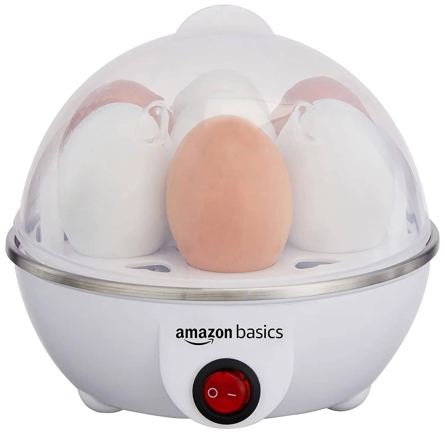 amazon basics Electric Egg Boiler | 350 Watt | Boils Upto 7 Eggs | Automatic Operation, 3 Boiling Modes | Overheat Protection | Stainless Steel Heating Plate, Measuring Cup | 75ml | Plastic | White – image 1