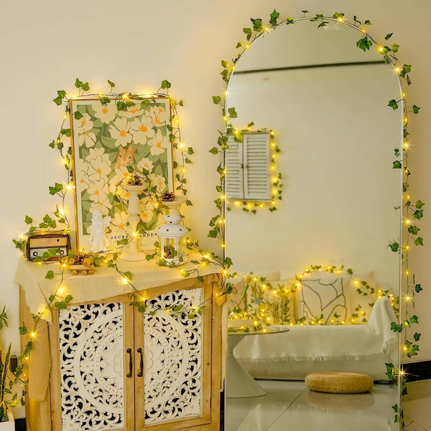 MoonlitDreams Artificial Ivy Plant Vine with Warm White LED String Lights, 7ft Hanging Creeper for Bedroom, Wall, Balcony & Home Decoration, Battery Operated Fairy Lights – image 1