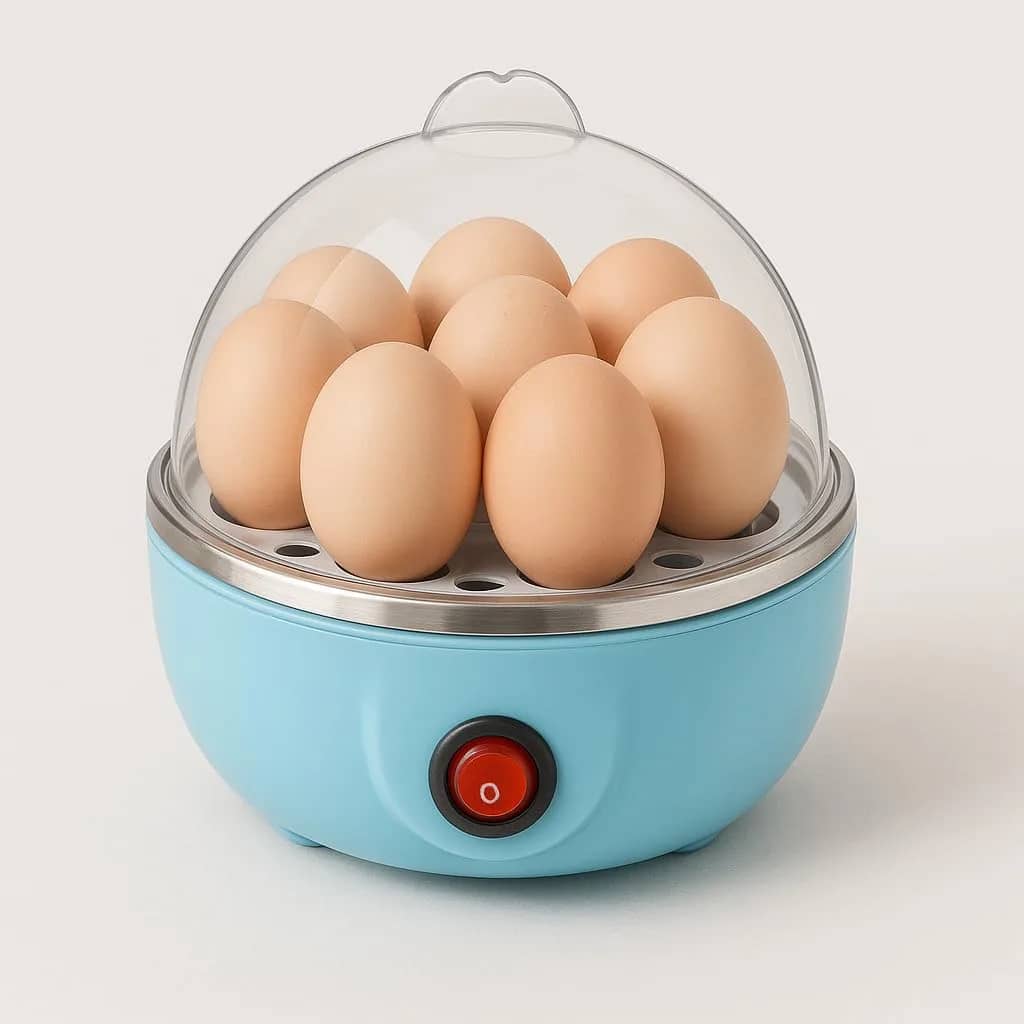Electric Egg Boiler | 350 Watt | Boils Upto 7 Eggs | Automatic | 3 Boiling Modes | Overheat Protection | Egg Poacher| Stainless Steel Heating Plate, Measuring Cup | 75ml | Plastic | BLUE