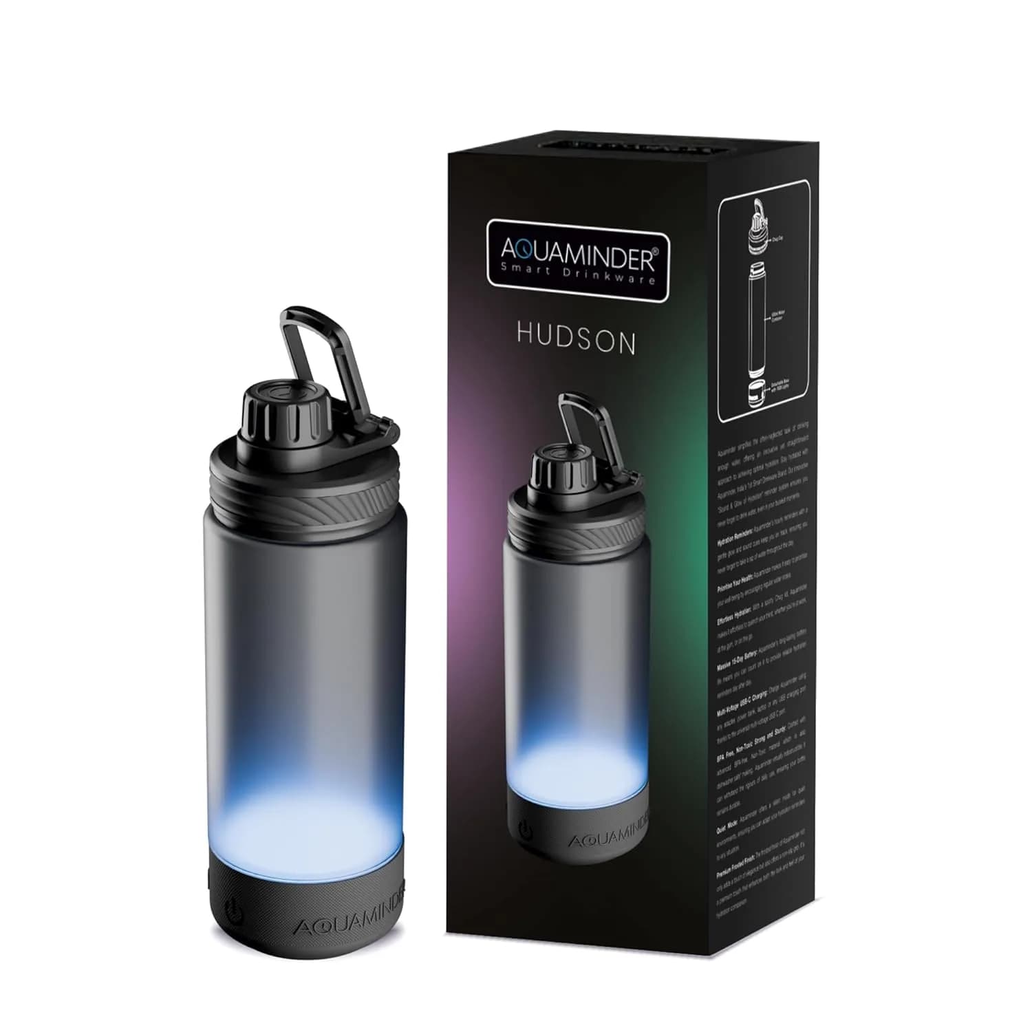 Aquaminder Smart Water Bottle Glows & Beeps to Remind You to Drink More 600 ml Chug Cap Bottle For Adults and Kids Perfect for Secret Santa Gift & Birthday Gift, Travel, Gym, Yoga, Hudson – image 1