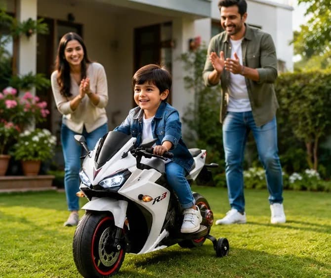 Husky Sports Bike Ride-On for Kids | 12V Battery Operated Sports Bike with LED Lights, Music & Training Wheels – image 3