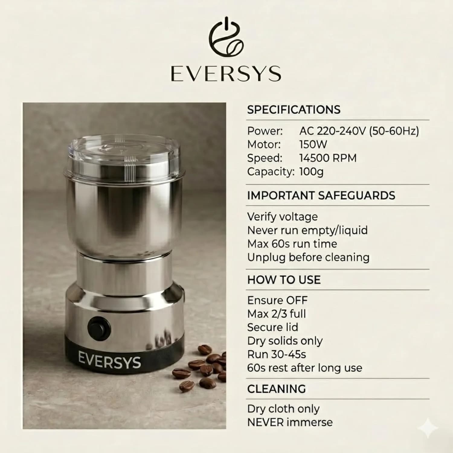 andrew james Spice Grinder Electric 150W | Mini Mixer Grinder Small Size for Coffee Beans, Masala & Dry Grinding | EVERSYS Portable Mini Grinders Machine for Kitchen with Approx. 100g Capacity – image 5