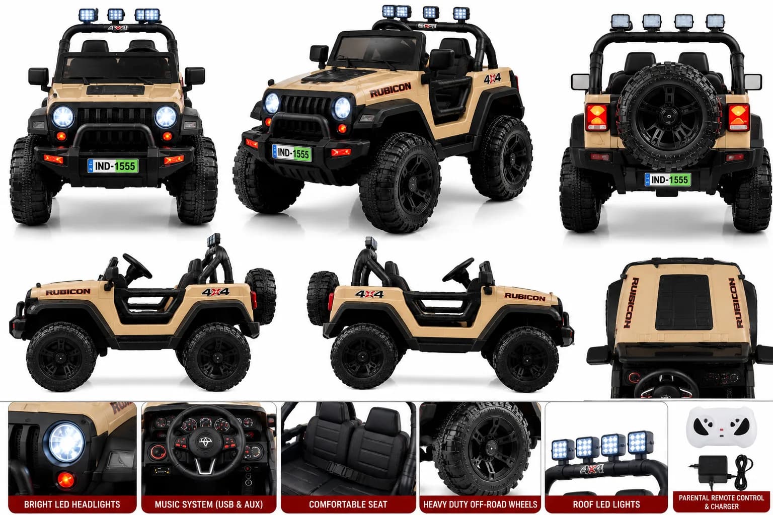 Rubicon 4×4 Premium Battery Operated Ride-On Jeep with Remote Control, LED Lights & Music System for Kids (Beige) – image 2