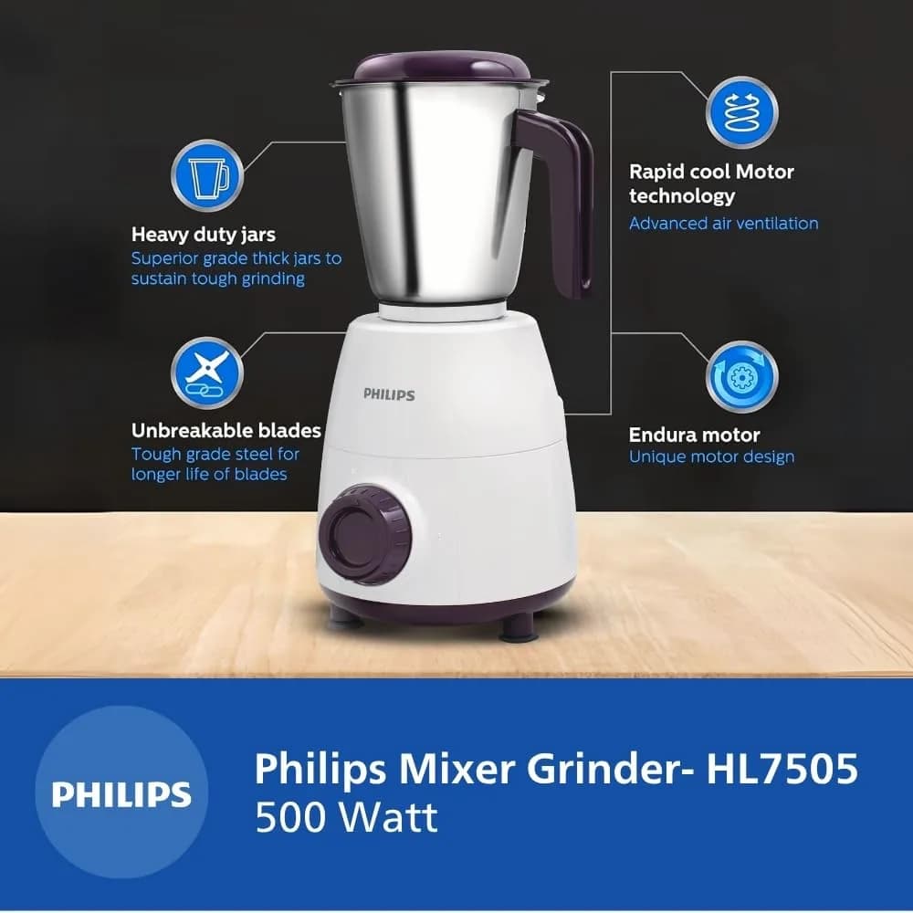PHILIPS HL7505 500W Mixer Grinder (White and Purple) – image 3