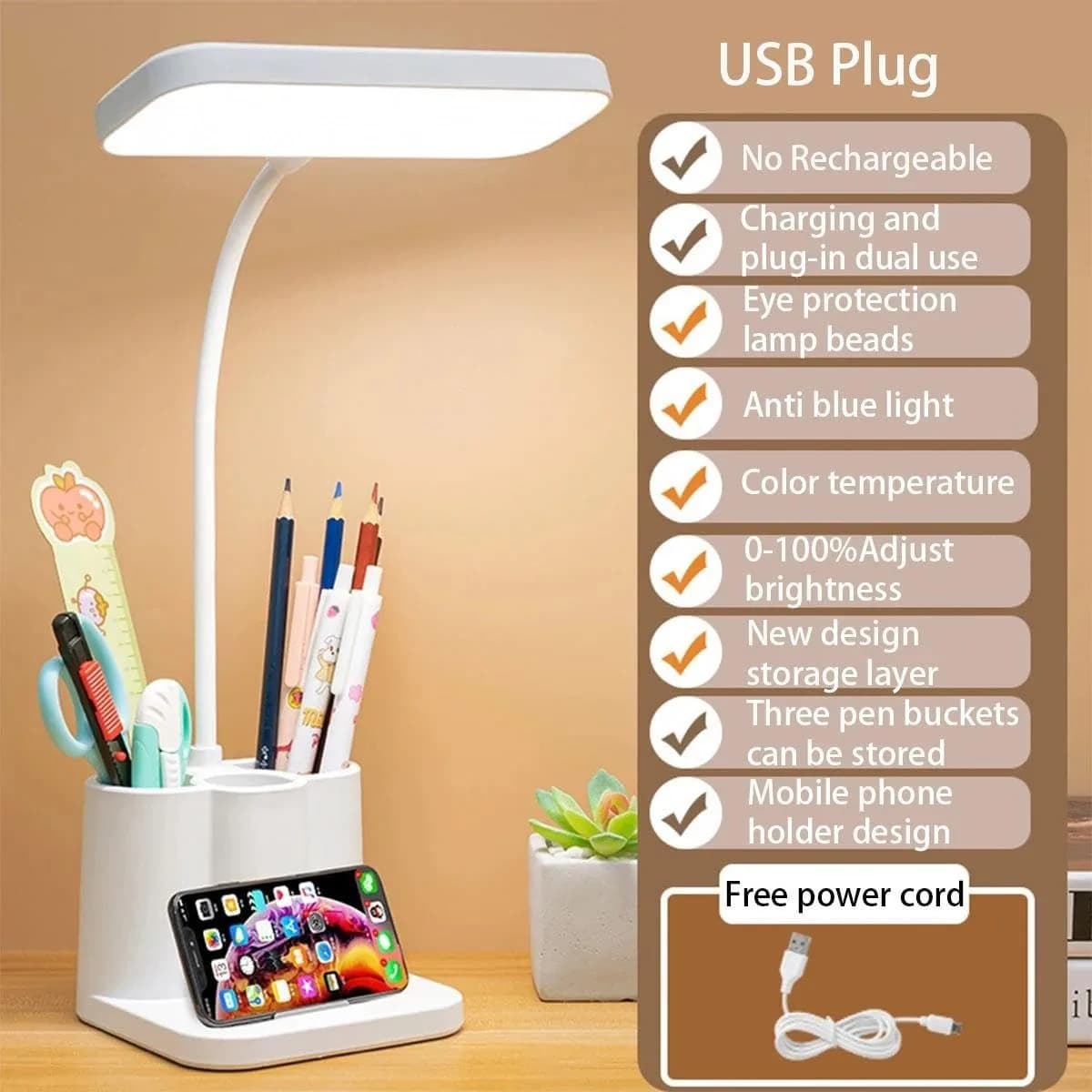 One94Store 3-in-1 LED Desk Lamp with Pen & Phone Holder – USB Rechargeable Study Lamp with Touch Sensor, 3 Light Modes, Eye Protection & Warm White Night Light for Bedroom, Office & Home – image 2
