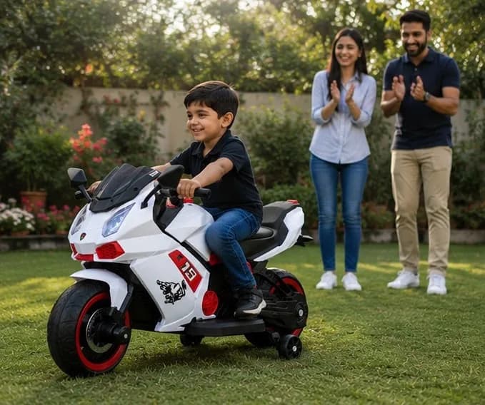 Bike 6644 Kids Electric Bike 12V Battery Operated Ride-On Sports Bike with LED Lights, Music & Training Wheels (White/Red) – image 6