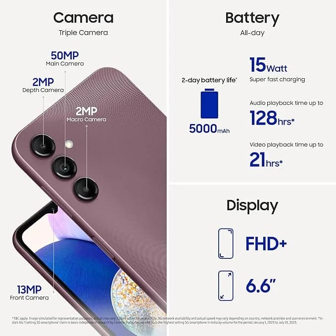 Samsung Galaxy A14 5G (Dark Red, 4GB, 128GB Storage) | Triple Rear Camera (50 MP Main) | Upto 8 GB RAM with RAM Plus | Without Charger – image 2