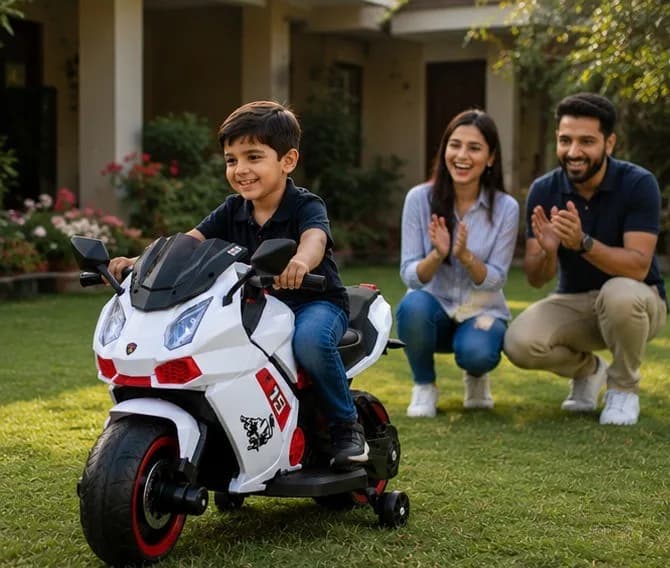 Bike 6644 Kids Electric Bike 12V Battery Operated Ride-On Sports Bike with LED Lights, Music & Training Wheels (White/Red) – image 4