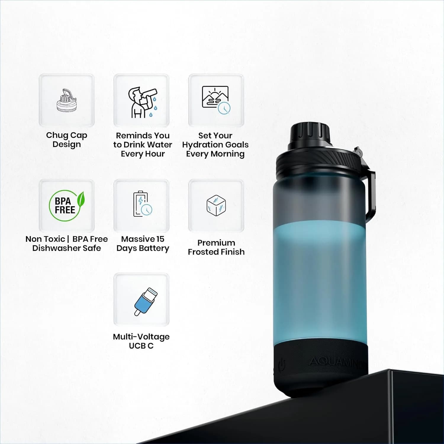 Aquaminder Smart Water Bottle Glows & Beeps to Remind You to Drink More 600 ml Chug Cap Bottle For Adults and Kids Perfect for Secret Santa Gift & Birthday Gift, Travel, Gym, Yoga, Hudson – image 4
