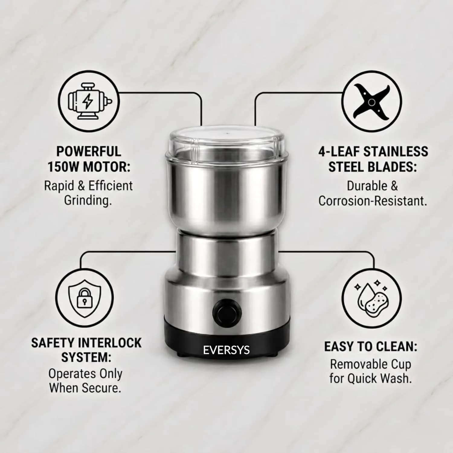 andrew james Spice Grinder Electric 150W | Mini Mixer Grinder Small Size for Coffee Beans, Masala & Dry Grinding | EVERSYS Portable Mini Grinders Machine for Kitchen with Approx. 100g Capacity – image 4
