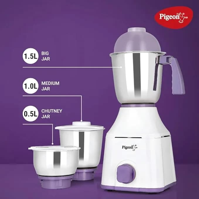 Pigeon Star 550 Watts Mixer Grinder with 3 Stainless Steel Jars for dry grinding, wet grinding and making chutney – image 3