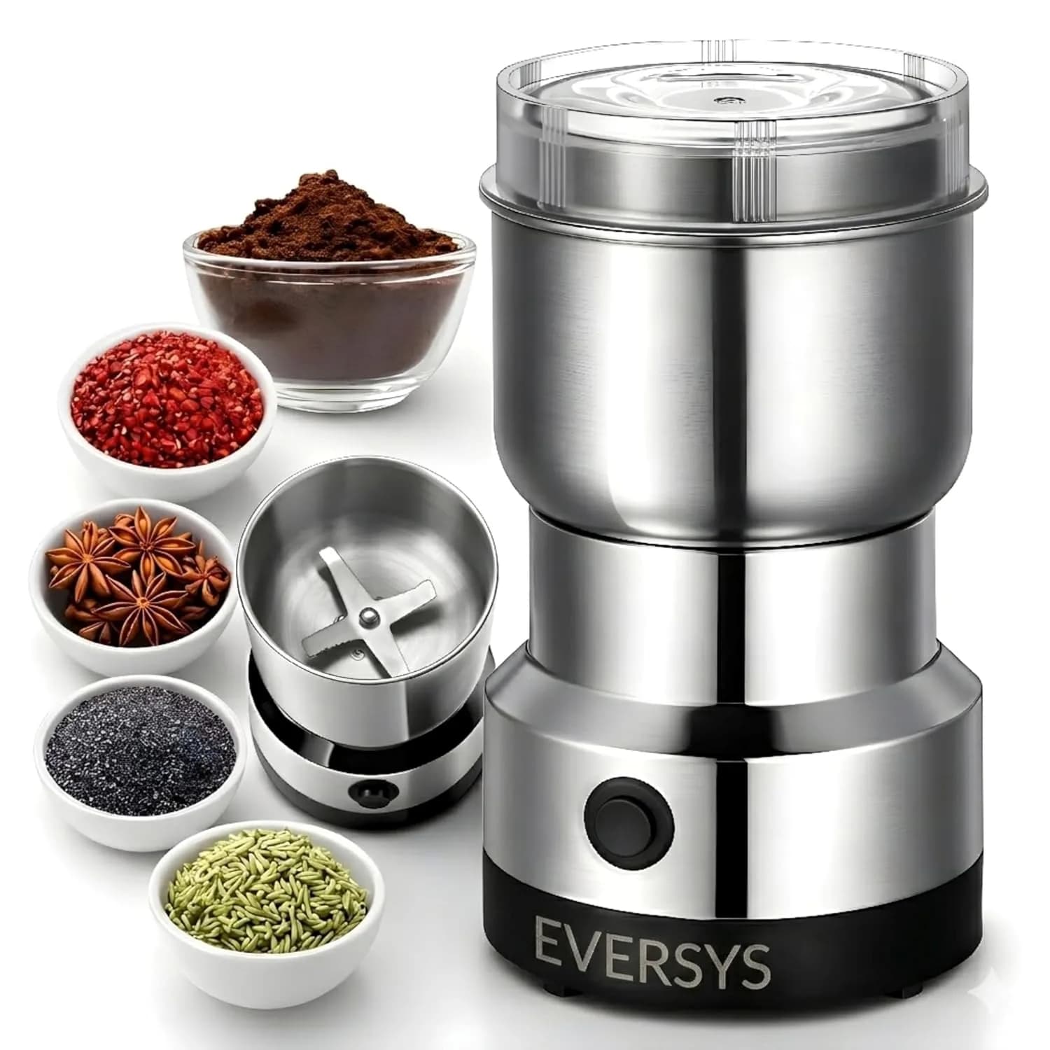 andrew james Spice Grinder Electric 150W | Mini Mixer Grinder Small Size for Coffee Beans, Masala & Dry Grinding | EVERSYS Portable Mini Grinders Machine for Kitchen with Approx. 100g Capacity – image 1