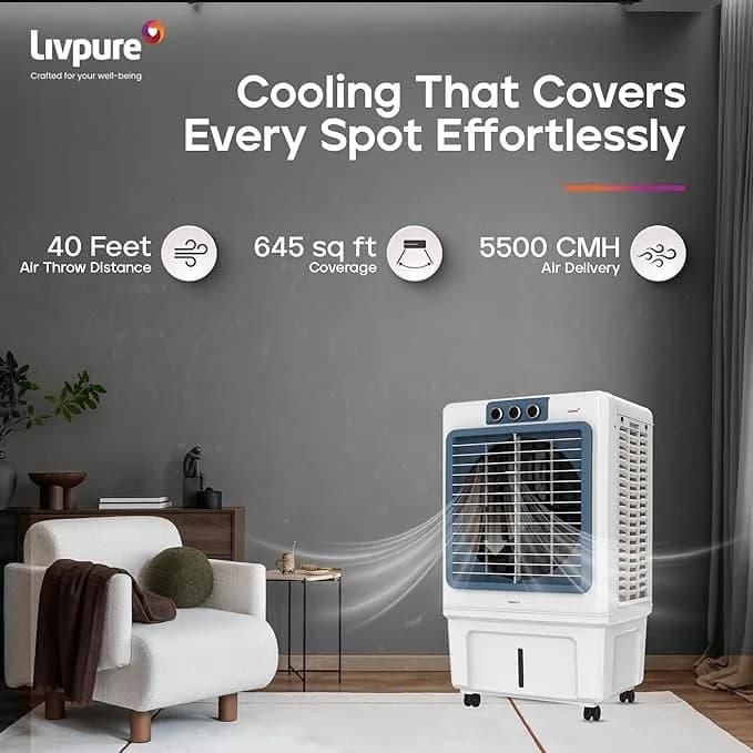 Livpure Iceblast Desert Air Cooler- 70L & 90L | Cooler with High Air Delivery, Ice Chamber, Honeycomb Pads, Multi-Directional Wheels | Room Cooler with Inverter Compatibility| 2 year Warranty by Livpure – image 4