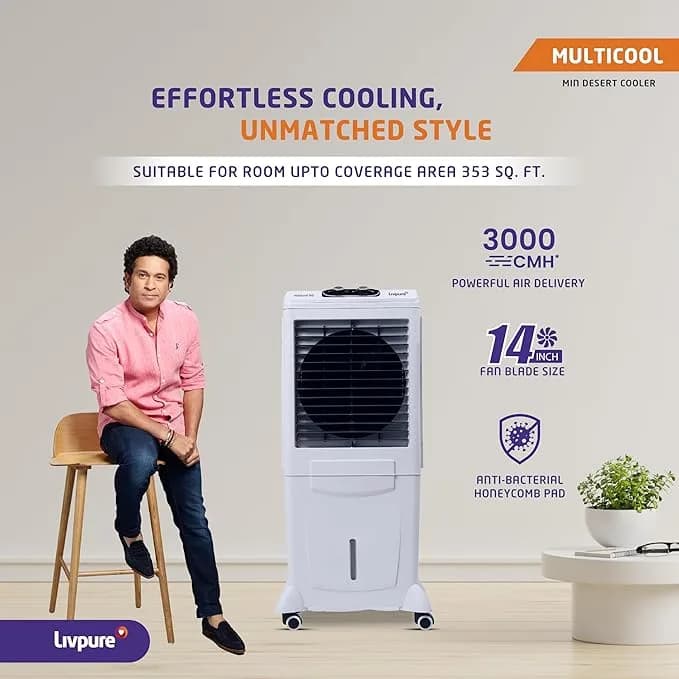 Livpure Multicool Mini Desert Air Cooler- 60L | Cooler with High Air Delivery, Honeycomb Pads, Multi-Directional Wheels | Room Cooler with Inverter Compatibility| 2 year Warranty by Livpure – image 2
