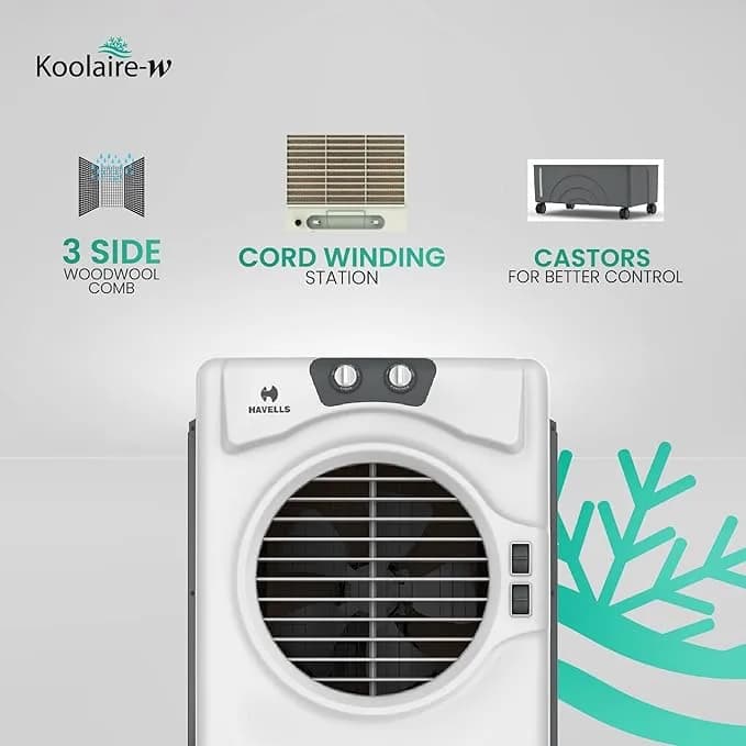 Havells Koolaire-W 51L 2 Knobs Desert Air Cooler for home | Powerful Air Delivery | Everlast Pump | 3 Side High Density Woodwool Comb | Heavy Duty (White/Grey) – image 3