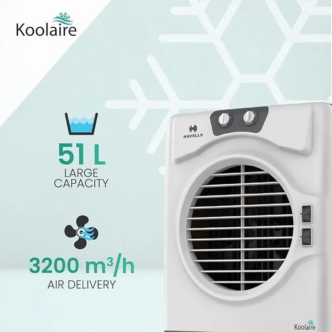 Havells Koolaire-W 51L 2 Knobs Desert Air Cooler for home | Powerful Air Delivery | Everlast Pump | 3 Side High Density Woodwool Comb | Heavy Duty (White/Grey) – image 5
